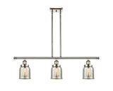 3-Light 36" Polished Nickel Island Light - Silver Plated Mercury Small Bell Glass - LED Bulbs Included