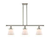 916-3I-PN-G61 3-Light 36" Polished Nickel Island Light - Matte White Cased Small Cone Glass - LED Bulb - Dimmensions: 36 x 6 x 10<br>Minimum Height : 19.375<br>Maximum Height : 43.375 - Sloped Ceiling Compatible: Yes