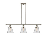 916-3I-PN-G62 3-Light 36" Polished Nickel Island Light - Clear Small Cone Glass - LED Bulb - Dimmensions: 36 x 6 x 10<br>Minimum Height : 19.375<br>Maximum Height : 43.375 - Sloped Ceiling Compatible: Yes