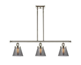 916-3I-PN-G63 3-Light 36" Polished Nickel Island Light - Plated Smoke Small Cone Glass - LED Bulb - Dimmensions: 36 x 6 x 10<br>Minimum Height : 19.375<br>Maximum Height : 43.375 - Sloped Ceiling Compatible: Yes