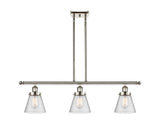 916-3I-PN-G64 3-Light 36" Polished Nickel Island Light - Seedy Small Cone Glass - LED Bulb - Dimmensions: 36 x 6 x 10<br>Minimum Height : 19.375<br>Maximum Height : 43.375 - Sloped Ceiling Compatible: Yes