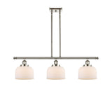 916-3I-PN-G71 3-Light 36" Polished Nickel Island Light - Matte White Cased Large Bell Glass - LED Bulb - Dimmensions: 36 x 8 x 11<br>Minimum Height : 20.375<br>Maximum Height : 44.375 - Sloped Ceiling Compatible: Yes