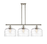 916-3I-PN-G713-L 3-Light 36" Polished Nickel Island Light - Clear Deco Swirl X-Large Bell Glass - LED Bulb - Dimmensions: 36 x 8 x 11<br>Minimum Height : 20.375<br>Maximum Height : 44.375 - Sloped Ceiling Compatible: Yes