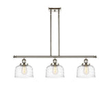 916-3I-PN-G713 3-Light 36" Polished Nickel Island Light - Clear Deco Swirl Large Bell Glass - LED Bulb - Dimmensions: 36 x 8 x 11<br>Minimum Height : 20.375<br>Maximum Height : 44.375 - Sloped Ceiling Compatible: Yes