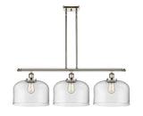 916-3I-PN-G72-L 3-Light 36" Polished Nickel Island Light - Clear X-Large Bell Glass - LED Bulb - Dimmensions: 36 x 8 x 11<br>Minimum Height : 20.375<br>Maximum Height : 44.375 - Sloped Ceiling Compatible: Yes