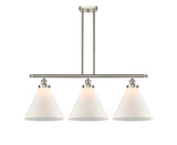 916-3I-SN-G41-L 3-Light 36" Brushed Satin Nickel Island Light - Matte White Cased Cone 12" Glass - LED Bulb - Dimmensions: 36 x 8 x 11<br>Minimum Height : 20.375<br>Maximum Height : 44.375 - Sloped Ceiling Compatible: Yes