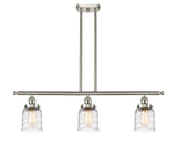 916-3I-SN-G513 3-Light 36" Brushed Satin Nickel Island Light - Clear Deco Swirl Small Bell Glass - LED Bulb - Dimmensions: 36 x 5 x 10<br>Minimum Height : 19.375<br>Maximum Height : 43.375 - Sloped Ceiling Compatible: Yes