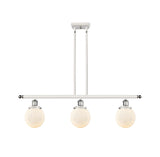 916-3I-WPC-G201-6 3-Light 36" White and Polished Chrome Island Light - Matte White Cased Beacon Glass - LED Bulb - Dimmensions: 36 x 6 x 10<br>Minimum Height : 19.375<br>Maximum Height : 43.375 - Sloped Ceiling Compatible: Yes