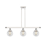 916-3I-WPC-G202-6 3-Light 36" White and Polished Chrome Island Light - Clear Beacon Glass - LED Bulb - Dimmensions: 36 x 6 x 10<br>Minimum Height : 19.375<br>Maximum Height : 43.375 - Sloped Ceiling Compatible: Yes