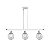 916-3I-WPC-G204-6 3-Light 36" White and Polished Chrome Island Light - Seedy Beacon Glass - LED Bulb - Dimmensions: 36 x 6 x 10<br>Minimum Height : 19.375<br>Maximum Height : 43.375 - Sloped Ceiling Compatible: Yes