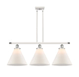 916-3I-WPC-G41-L 3-Light 36" White and Polished Chrome Island Light - Matte White Cased Cone 12" Glass - LED Bulb - Dimmensions: 36 x 8 x 11<br>Minimum Height : 20.375<br>Maximum Height : 44.375 - Sloped Ceiling Compatible: Yes
