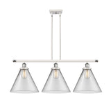 916-3I-WPC-G42-L 3-Light 36" White and Polished Chrome Island Light - Clear Cone 12" Glass - LED Bulb - Dimmensions: 36 x 8 x 11<br>Minimum Height : 20.375<br>Maximum Height : 44.375 - Sloped Ceiling Compatible: Yes