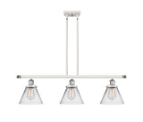 916-3I-WPC-G42 3-Light 36" White and Polished Chrome Island Light - Clear Large Cone Glass - LED Bulb - Dimmensions: 36 x 8 x 11<br>Minimum Height : 20.375<br>Maximum Height : 44.375 - Sloped Ceiling Compatible: Yes