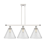 916-3I-WPC-G44-L 3-Light 36" White and Polished Chrome Island Light - Seedy Cone 12" Glass - LED Bulb - Dimmensions: 36 x 8 x 11<br>Minimum Height : 20.375<br>Maximum Height : 44.375 - Sloped Ceiling Compatible: Yes
