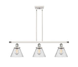 916-3I-WPC-G44 3-Light 36" White and Polished Chrome Island Light - Seedy Large Cone Glass - LED Bulb - Dimmensions: 36 x 8 x 11<br>Minimum Height : 20.375<br>Maximum Height : 44.375 - Sloped Ceiling Compatible: Yes