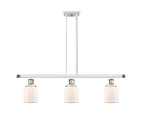 916-3I-WPC-G51 3-Light 36" White and Polished Chrome Island Light - Matte White Cased Small Bell Glass - LED Bulb - Dimmensions: 36 x 5 x 10<br>Minimum Height : 19.375<br>Maximum Height : 43.375 - Sloped Ceiling Compatible: Yes