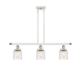 916-3I-WPC-G513 3-Light 36" White and Polished Chrome Island Light - Clear Deco Swirl Small Bell Glass - LED Bulb - Dimmensions: 36 x 5 x 10<br>Minimum Height : 19.375<br>Maximum Height : 43.375 - Sloped Ceiling Compatible: Yes