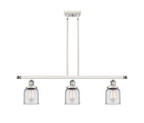 916-3I-WPC-G52 3-Light 36" White and Polished Chrome Island Light - Clear Small Bell Glass - LED Bulb - Dimmensions: 36 x 5 x 10<br>Minimum Height : 19.375<br>Maximum Height : 43.375 - Sloped Ceiling Compatible: Yes