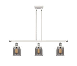 916-3I-WPC-G53 3-Light 36" White and Polished Chrome Island Light - Plated Smoke Small Bell Glass - LED Bulb - Dimmensions: 36 x 5 x 10<br>Minimum Height : 19.375<br>Maximum Height : 43.375 - Sloped Ceiling Compatible: Yes