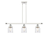 916-3I-WPC-G54 3-Light 36" White and Polished Chrome Island Light - Seedy Small Bell Glass - LED Bulb - Dimmensions: 36 x 5 x 10<br>Minimum Height : 19.375<br>Maximum Height : 43.375 - Sloped Ceiling Compatible: Yes