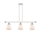916-3I-WPC-G61 3-Light 36" White and Polished Chrome Island Light - Matte White Cased Small Cone Glass - LED Bulb - Dimmensions: 36 x 6 x 10<br>Minimum Height : 19.375<br>Maximum Height : 43.375 - Sloped Ceiling Compatible: Yes