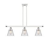 916-3I-WPC-G62 3-Light 36" White and Polished Chrome Island Light - Clear Small Cone Glass - LED Bulb - Dimmensions: 36 x 6 x 10<br>Minimum Height : 19.375<br>Maximum Height : 43.375 - Sloped Ceiling Compatible: Yes
