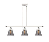 916-3I-WPC-G63 3-Light 36" White and Polished Chrome Island Light - Plated Smoke Small Cone Glass - LED Bulb - Dimmensions: 36 x 6 x 10<br>Minimum Height : 19.375<br>Maximum Height : 43.375 - Sloped Ceiling Compatible: Yes