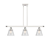916-3I-WPC-G64 3-Light 36" White and Polished Chrome Island Light - Seedy Small Cone Glass - LED Bulb - Dimmensions: 36 x 6 x 10<br>Minimum Height : 19.375<br>Maximum Height : 43.375 - Sloped Ceiling Compatible: Yes