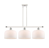 916-3I-WPC-G71-L 3-Light 36" White and Polished Chrome Island Light - Matte White Cased X-Large Bell Glass - LED Bulb - Dimmensions: 36 x 8 x 11<br>Minimum Height : 20.375<br>Maximum Height : 44.375 - Sloped Ceiling Compatible: Yes