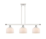 916-3I-WPC-G71 3-Light 36" White and Polished Chrome Island Light - Matte White Cased Large Bell Glass - LED Bulb - Dimmensions: 36 x 8 x 11<br>Minimum Height : 20.375<br>Maximum Height : 44.375 - Sloped Ceiling Compatible: Yes
