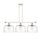 916-3I-WPC-G713-L 3-Light 36" White and Polished Chrome Island Light - Clear Deco Swirl X-Large Bell Glass - LED Bulb - Dimmensions: 36 x 8 x 11<br>Minimum Height : 20.375<br>Maximum Height : 44.375 - Sloped Ceiling Compatible: Yes