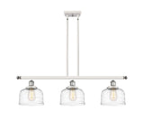 916-3I-WPC-G713 3-Light 36" White and Polished Chrome Island Light - Clear Deco Swirl Large Bell Glass - LED Bulb - Dimmensions: 36 x 8 x 11<br>Minimum Height : 20.375<br>Maximum Height : 44.375 - Sloped Ceiling Compatible: Yes