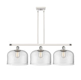 916-3I-WPC-G72-L 3-Light 36" White and Polished Chrome Island Light - Clear X-Large Bell Glass - LED Bulb - Dimmensions: 36 x 8 x 11<br>Minimum Height : 20.375<br>Maximum Height : 44.375 - Sloped Ceiling Compatible: Yes