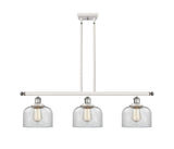 916-3I-WPC-G72 3-Light 36" White and Polished Chrome Island Light - Clear Large Bell Glass - LED Bulb - Dimmensions: 36 x 8 x 11<br>Minimum Height : 20.375<br>Maximum Height : 44.375 - Sloped Ceiling Compatible: Yes