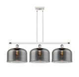 916-3I-WPC-G73-L 3-Light 36" White and Polished Chrome Island Light - Plated Smoke X-Large Bell Glass - LED Bulb - Dimmensions: 36 x 8 x 11<br>Minimum Height : 20.375<br>Maximum Height : 44.375 - Sloped Ceiling Compatible: Yes