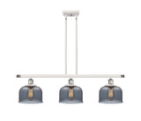 916-3I-WPC-G73 3-Light 36" White and Polished Chrome Island Light - Plated Smoke Large Bell Glass - LED Bulb - Dimmensions: 36 x 8 x 11<br>Minimum Height : 20.375<br>Maximum Height : 44.375 - Sloped Ceiling Compatible: Yes