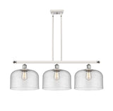 916-3I-WPC-G74-L 3-Light 36" White and Polished Chrome Island Light - Seedy X-Large Bell Glass - LED Bulb - Dimmensions: 36 x 8 x 11<br>Minimum Height : 20.375<br>Maximum Height : 44.375 - Sloped Ceiling Compatible: Yes