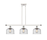 916-3I-WPC-G74 3-Light 36" White and Polished Chrome Island Light - Seedy Large Bell Glass - LED Bulb - Dimmensions: 36 x 8 x 11<br>Minimum Height : 20.375<br>Maximum Height : 44.375 - Sloped Ceiling Compatible: Yes