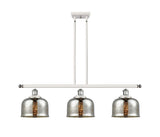 916-3I-WPC-G78 3-Light 36" White and Polished Chrome Island Light - Silver Plated Mercury Large Bell Glass - LED Bulb - Dimmensions: 36 x 8 x 11<br>Minimum Height : 20.375<br>Maximum Height : 44.375 - Sloped Ceiling Compatible: Yes