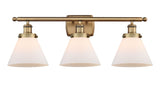 916-3W-BB-G41 3-Light 26" Brushed Brass Bath Vanity Light - Matte White Cased Large Cone Glass - LED Bulb - Dimmensions: 26 x 9 x 13 - Glass Up or Down: Yes