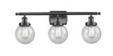 916-3W-BK-G204-6 3-Light 26" Matte Black Bath Vanity Light - Seedy Beacon Glass - LED Bulb - Dimmensions: 26 x 7.5 x 11 - Glass Up or Down: Yes