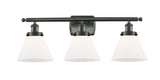 916-3W-OB-G41 3-Light 26" Oil Rubbed Bronze Bath Vanity Light - Matte White Cased Large Cone Glass - LED Bulb - Dimmensions: 26 x 9 x 13 - Glass Up or Down: Yes