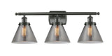916-3W-OB-G43 3-Light 26" Oil Rubbed Bronze Bath Vanity Light - Plated Smoke Large Cone Glass - LED Bulb - Dimmensions: 26 x 9 x 13 - Glass Up or Down: Yes