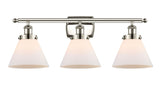 916-3W-PN-G41 3-Light 26" Polished Nickel Bath Vanity Light - Matte White Cased Large Cone Glass - LED Bulb - Dimmensions: 26 x 9 x 13 - Glass Up or Down: Yes
