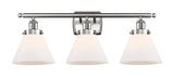 916-3W-SN-G41 3-Light 26" Brushed Satin Nickel Bath Vanity Light - Matte White Cased Large Cone Glass - LED Bulb - Dimmensions: 26 x 9 x 13 - Glass Up or Down: Yes