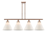 916-4I-AC-G41-L 4-Light 48" Antique Copper Island Light - Matte White Cased Cone 12" Glass - LED Bulb - Dimmensions: 48 x 8 x 10<br>Minimum Height : 20.375<br>Maximum Height : 44.375 - Sloped Ceiling Compatible: Yes