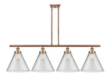 916-4I-AC-G42-L 4-Light 48" Antique Copper Island Light - Clear Cone 12" Glass - LED Bulb - Dimmensions: 48 x 8 x 10<br>Minimum Height : 20.375<br>Maximum Height : 44.375 - Sloped Ceiling Compatible: Yes