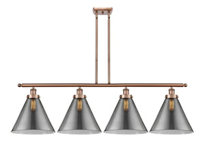 916-4I-AC-G43-L 4-Light 48" Antique Copper Island Light - Plated Smoke Cone 12" Glass - LED Bulb - Dimmensions: 48 x 8 x 10<br>Minimum Height : 20.375<br>Maximum Height : 44.375 - Sloped Ceiling Compatible: Yes