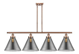 916-4I-AC-G43-L 4-Light 48" Antique Copper Island Light - Plated Smoke Cone 12" Glass - LED Bulb - Dimmensions: 48 x 8 x 10<br>Minimum Height : 20.375<br>Maximum Height : 44.375 - Sloped Ceiling Compatible: Yes