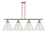 916-4I-AC-G44-L 4-Light 48" Antique Copper Island Light - Seedy Cone 12" Glass - LED Bulb - Dimmensions: 48 x 8 x 10<br>Minimum Height : 20.375<br>Maximum Height : 44.375 - Sloped Ceiling Compatible: Yes